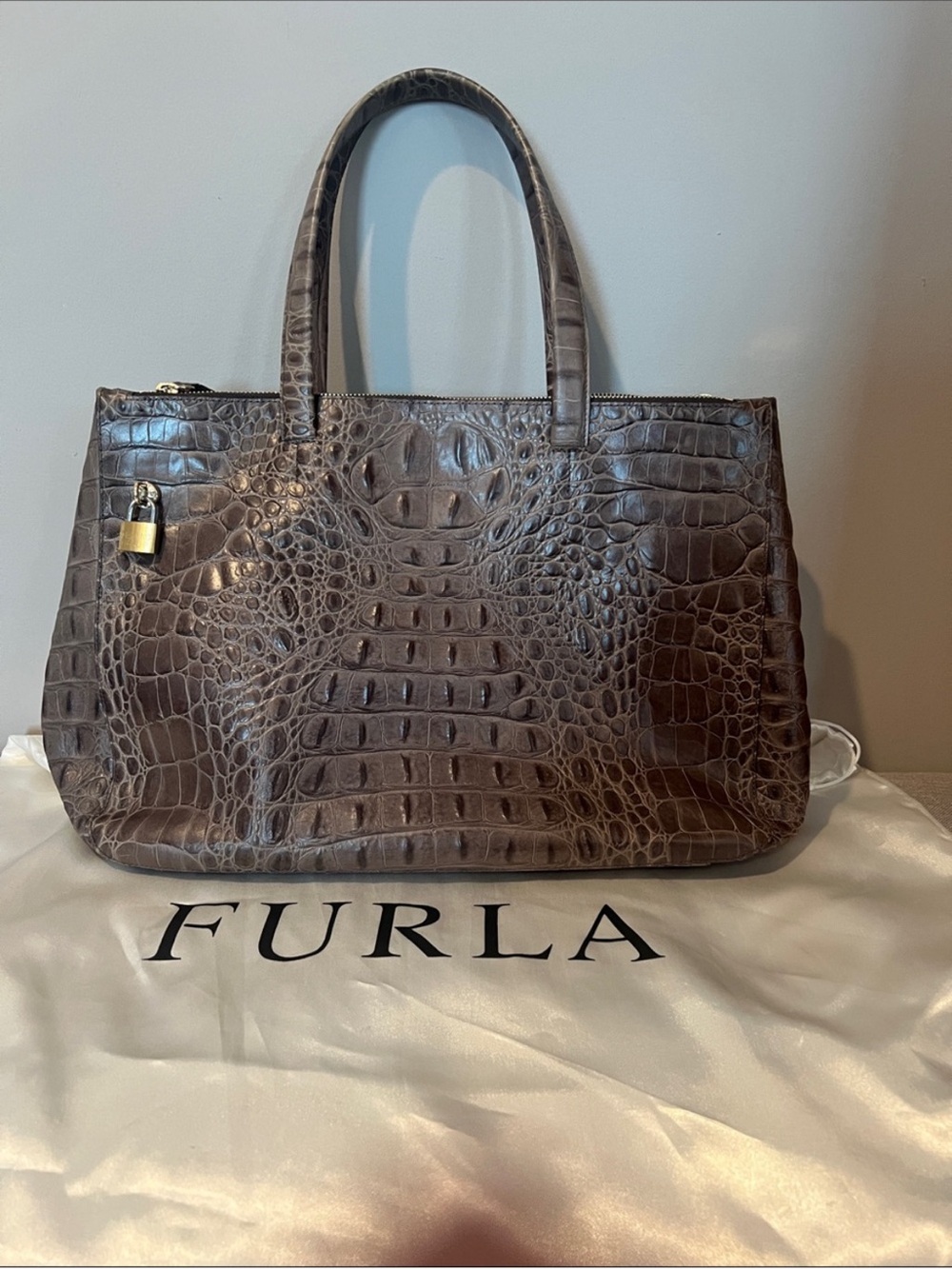 Furla Brown Croc-Embossed Leather Tote